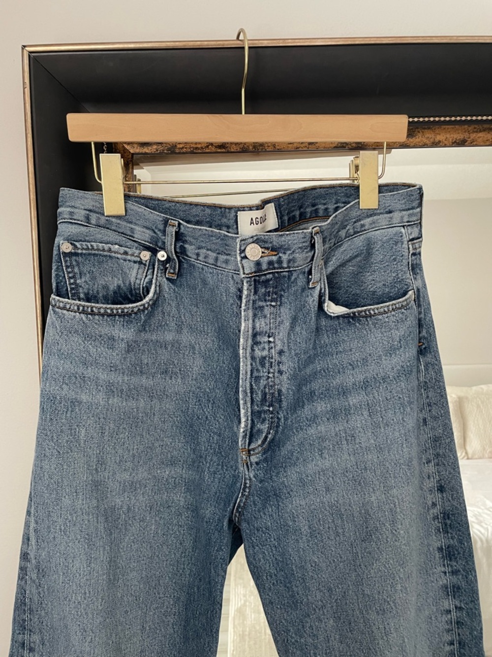 Agolde Button-Front High Rise Straight Leg Jeans in Medium Blue - Picture 3 of 6